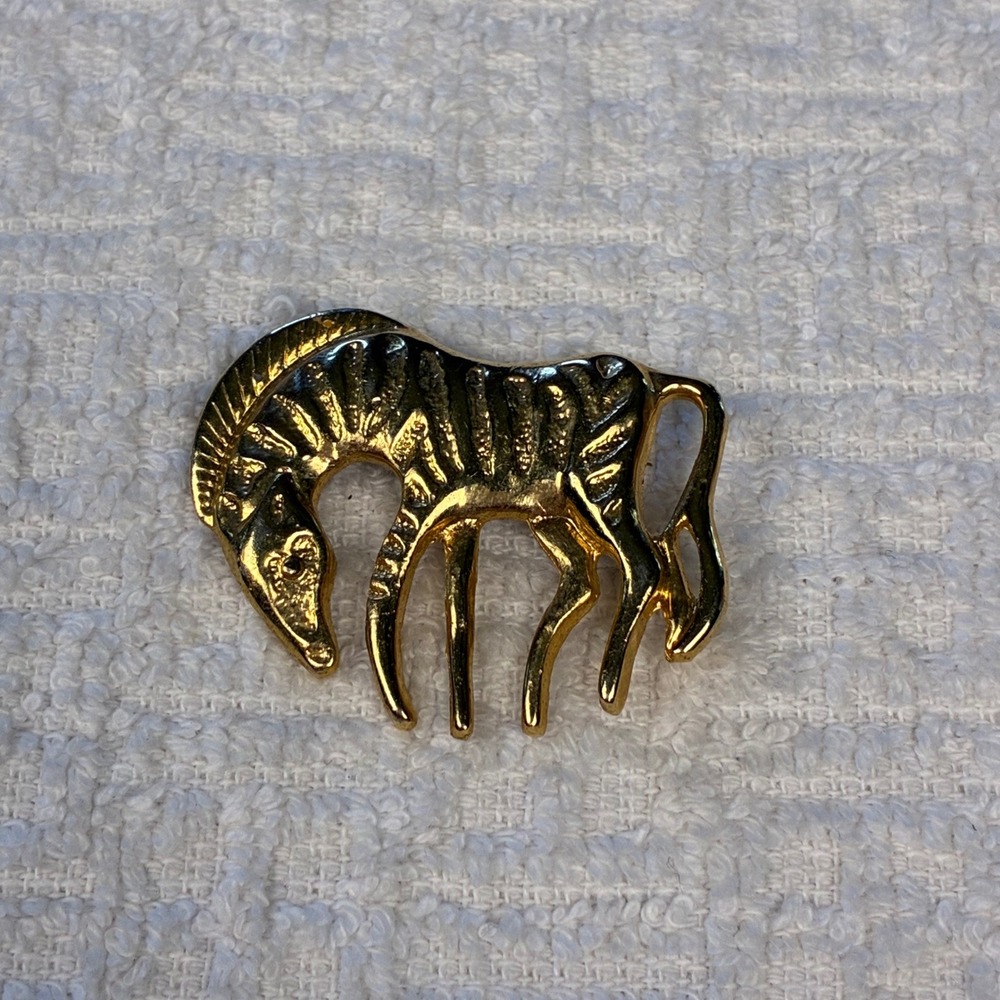 Vintage Gold Tone Zebra Brooch Animal Pin Safari Textured Stripe Statement